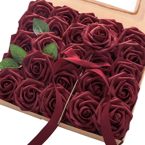 Floroom Flores Artificiales 50 piezas Rosas Falsas de Espuma Burdeos de Aspecto Real con Tallos para Ramos de Boda DIY Centros de Mesa Rojos para