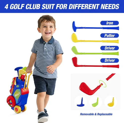 Miniatura 5 de HYES Juego de golf 3 en 1 para niños pequeños con tapete de putting y juego de golf, club de golf para niños con 8 bolas, 4 palos de plástico