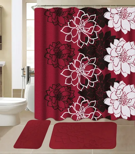 All American Collection - Juego de 15 piezas de tapetes de baño de espuma viscoelástica con cortina de ducha a juego