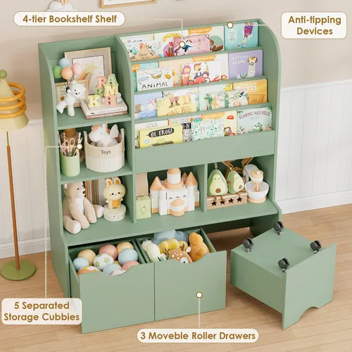 Miniatura 5 de FOTOSOK Estantería para niños de 47 pulgadas con almacenamiento de juguetes, estantería multifuncional con 5 cubos de almacenamiento y 3 cajones
