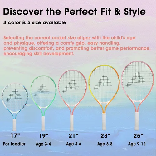 Miniatura 3 de AMA SPORT Raqueta de tenis para niños pequeños, kit de iniciación de raqueta de tenis de 17 a 25 pulgadas para niñas y niños con bolsa de nailon