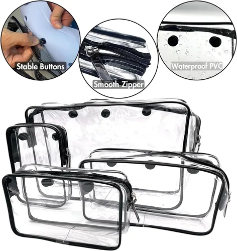 Miniatura 2 de Paquete de 4 bolsas de almacenamiento de maquillaje transparentes para bolsa de playa, accesorios con ganchos mosquetón, Claro, Bolsa