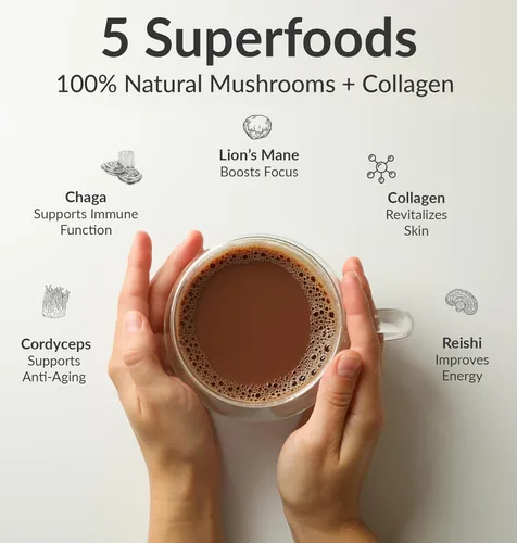 Miniatura 3 de BIOptimizers Café de Setas Alternativo – Bebida de Chocolate – Mane de León, Chaga, Reishi + Péptidos de Colágeno para Enfoque, Energía y Salud