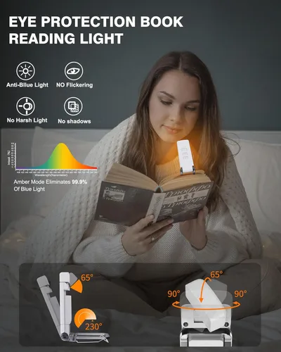 Miniatura 5 de Paquete de 2 luces de libro para leer por la noche, luz recargable por USB para leer en la cama, luz de lectura LED portátil con clip, temporizador