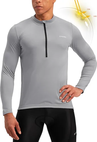 Miniatura 2 de Bikewa Maillot de ciclismo para hombre con 3+1 bolsillos traseros con cremallera, manga larga, absorción de humedad, UPF 50+ media cremallera