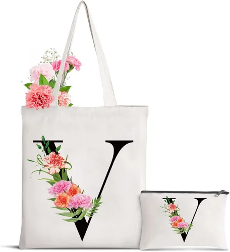 Miniatura 16 de Bolsa de lona con letra inicial personalizada, regalo para el día de la madre, damas de honor, novia, cumpleaños, boda Flower-D