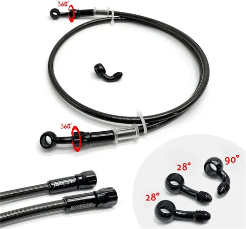 Miniatura 6 de AN3 28 90 grados M10 manguera de freno de motocicleta de acero inoxidable trenzado línea tubo de aceite con Banjo giratorio de 360 grados apto