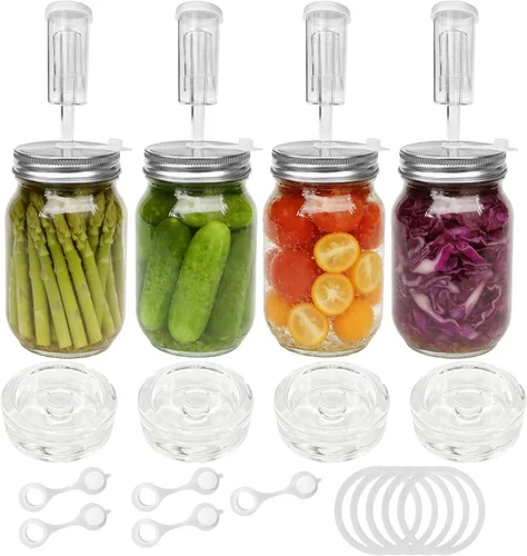 Kit de fermentación de tarros de masón de boca ancha con 4 tapas de fermentación, 4 pesos de fermentación de vidrio, 4 esclusas para fermentación, 5