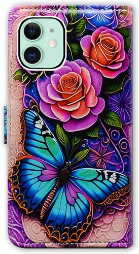 Miniatura 7 de Bcov Funda para iPhone 11, funda de piel con tapa y función atril para iPhone 11, diseño de flores y mariposas azules