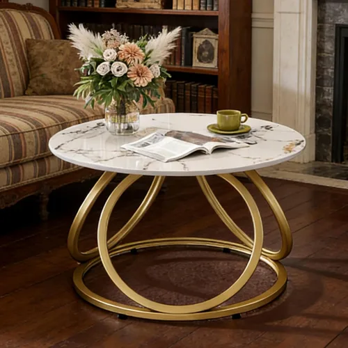 Miniatura 10 de Mesa de café plateada O&K FURNITURE, mesa de café moderna de cristal para sala de estar con marcos en forma de anillo, mesa de café de cristal