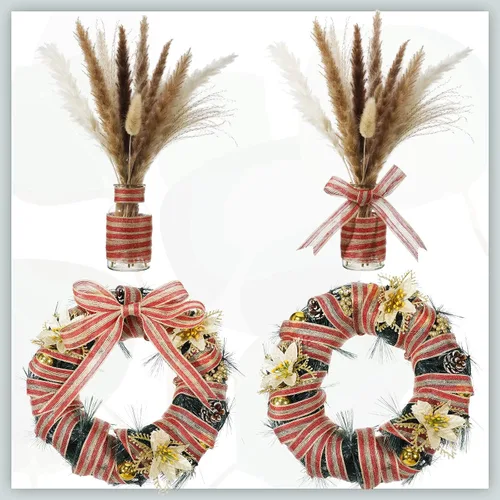 Miniatura 7 de Rtteri Rollo de cinta de arpillera de Navidad de 98.4 pies, saco de arpillera roja, cuerda de lino a rayas naturales para manualidades, corona