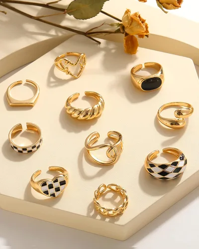 Miniatura 6 de FAXHION Juego de 10 anillos gruesos de oro de 18 quilates para mujeres y niñas, anillos trenzados chapados en oro, apilables, anillos midi, anillos