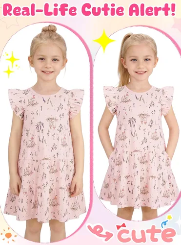Miniatura 2 de Vestido casual para niñas, de algodón suave, manga corta, transpirable, acampanado, para adolescentes, talla 2T, 3T, 4T, 5, 6, 7, 8, 9, 10, 12, 13