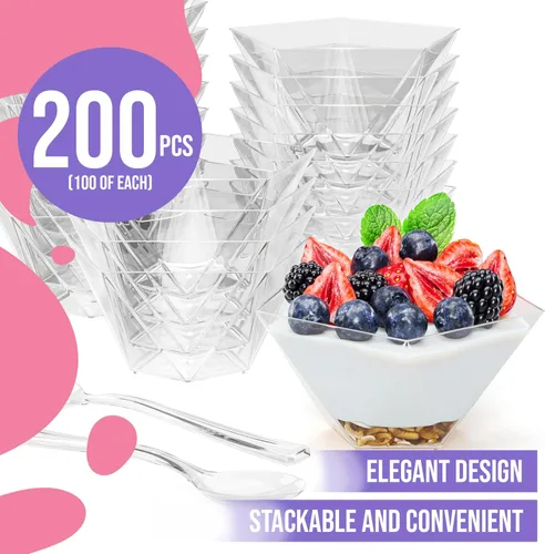 Miniatura 3 de Exquisite Mini tazas de postre con cucharas, 200 unidades, 4 onzas, taza de pudín de plástico transparente con cucharas de degustación, 100