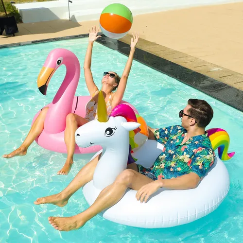 Miniatura 5 de PARENTSWELL Flotadores inflables de unicornio y flamenco de 43 pulgadas, paquete de 2 flotadores de tubo de piscina con 2 bolas de playa, tubos