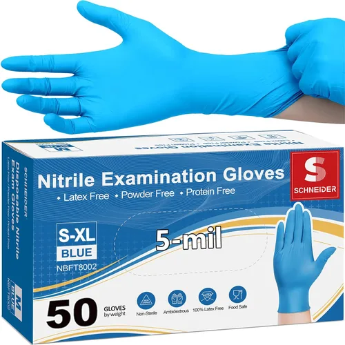 Miniatura 7 de Guantes de examen de nitrilo Schneider, grandes, caja de 100, guantes desechables resistentes, texturizados, sin látex, aptos para alimentos, Azul