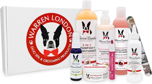 Warren London Caja de regalo del spa definitivo para perros – Kit de aseo y mimo de 8 piezas | Mantequilla hidratante, lavado de mantequilla