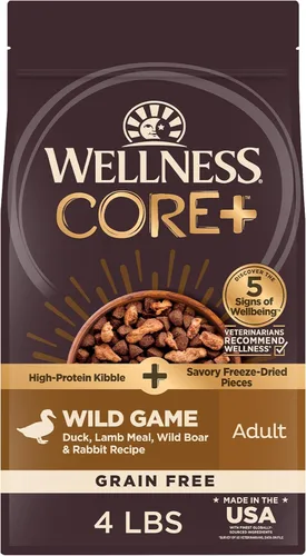 Wellness CORE+ Alimento seco para perros con trozos liofilizados, sin granos, alta proteína, natural, receta de caza silvestre con pato, cordero,