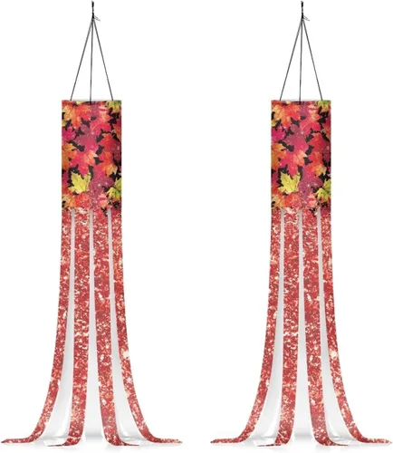 Miniatura 10 de Mumeson 2 piezas de calcetines de viento de otoño de arce de otoño, decoración al aire libre con bandera de cola, decoración colgante para pared
