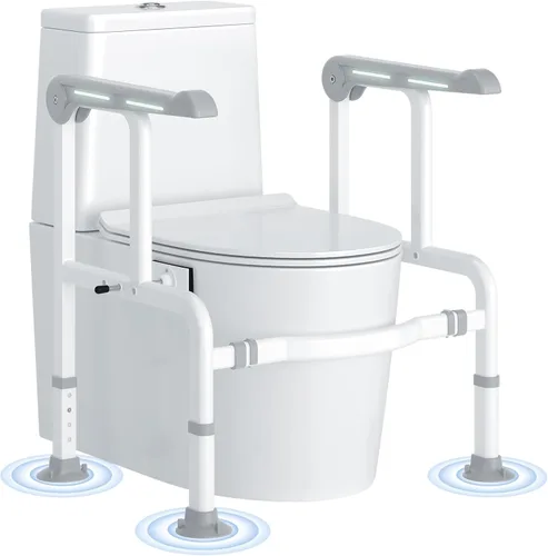 Rieles de seguridad para inodoro para ancianos y discapacitados con asas que brillan en la oscuridad, marco resistente de 450 libras, brazos Gris