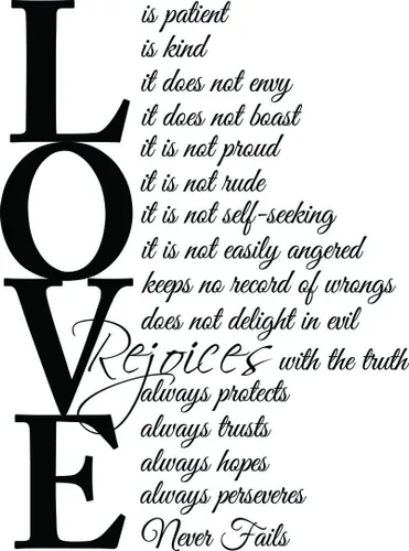 (23 x 31) Texto de 1 Corintios 13: 4-7 "Love is patient love is kind". Calcomanía decorativa de vinilo para pared Citas Inspiradoras, arte de pared