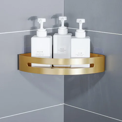 Miniatura 2 de Estante de esquina de baño dorado cepillado para montaje en pared, organizador de ducha, soporte para champú con ganchos, adhesivo o perforación