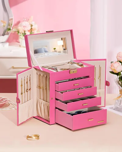 Miniatura 54 de Homde Regalos de Navidad de cuero sintético, enorme joyero, organizador de reloj con espejo, collar, anillo y aretes, estuche de regalo con Dorado