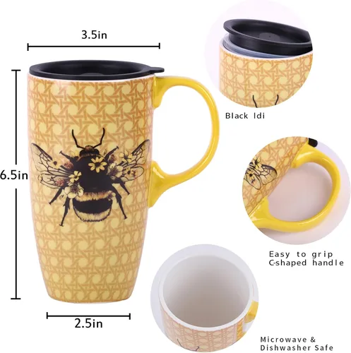 Miniatura 9 de DUSVALLY Taza de cerámica grande Taza de café alta Tazas de viaje de porcelana Taza de café con tapa de 17 onzas, Abeja