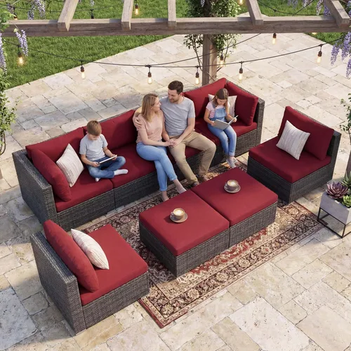 Miniatura 103 de NICESOUL Juego de muebles de patio para exteriores de 7 piezas con mesa para hoguera, gas natural y propano convertible, respaldo alto de 29.3