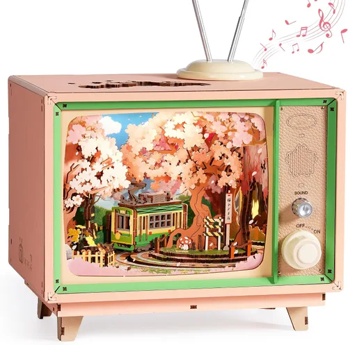 ROBOTIME Rompecabezas de madera 3D para adultos, kits de casa en miniatura para bricolaje, caja de música para la familia, árbol de cerezo japonés