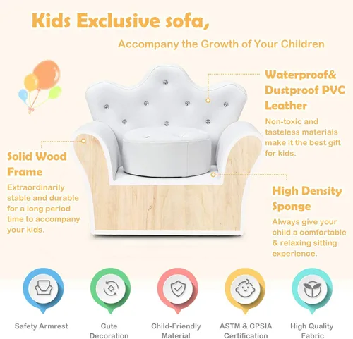 Miniatura 6 de Costzon Sofá para Niños, Sofá Tapizado para Niños con Otomán, Sofá de Princesa con Decoración de Diamantes, Otomán, Silla de Cuero PVC Suave