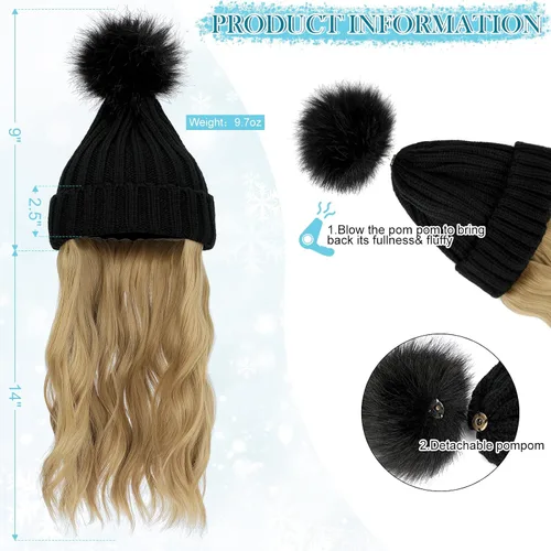 Miniatura 3 de Gorro de peluca con extensiones de cabello largo ondulado – Gorro de punto acanalado con pompón unido 14 pulgadas rizado sintético postizo