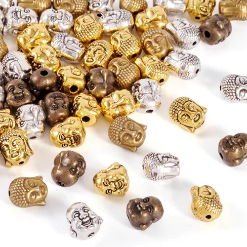 Miniatura 9 de Craftdady 60 cuentas espaciadoras de cabeza de Buda tibetano, 3 colores, cuentas de metal espiritual budista de 10-11x9-0.394 in de doble cara