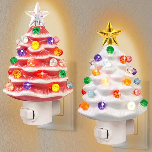 Miniatura 9 de Luz nocturna de cerámica para árbol de Navidad, paquete de 2 luces nocturnas de Navidad con enchufe de 6.3 pulgadas, árboles de Navidad de cerámica
