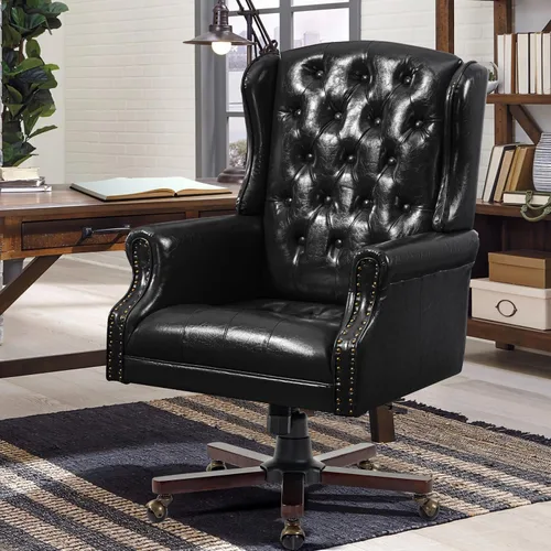 ECOTOUGE Silla de escritorio ejecutiva mejorada 2026, silla de oficina en casa con respaldo de alas de cuero con ribete de cabeza de clavos y Azul