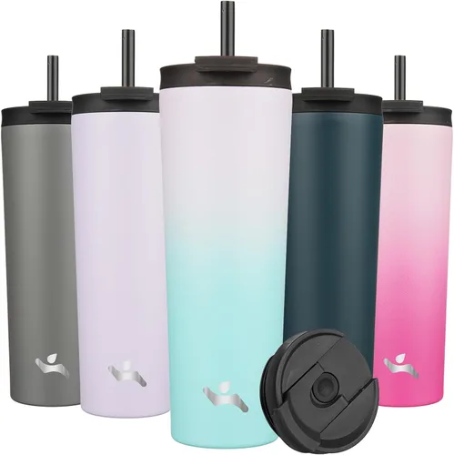 Miniatura 28 de Konokyo Vaso aislado de 18 onzas con tapa y 2 pajillas, botella de agua de acero inoxidable, taza de viaje al vacío, taza de café, color blanco ángel