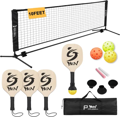 NQV Juego de pickleball con red, red de pickleball de media cancha de 10 pies, paletas de madera de pickleball, pelotas de pepinillo, retrievers de