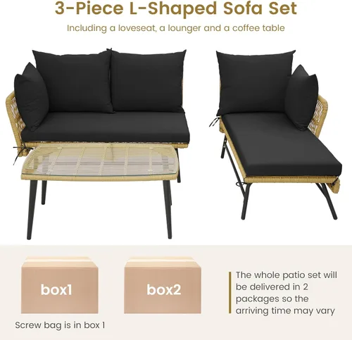 Miniatura 9 de Tangkula Juego de muebles de mimbre para exteriores, sofá de patio en forma de L de 3 piezas con cojines y mesa de vidrio templado, marco de metal