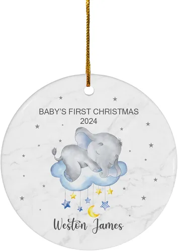 FLOCHIL Adorno Personalizado de Primera Navidad del Bebé 2024 Niño, Adorno Colgante de Elefante de Porcelana Elefante 2