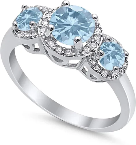 Miniatura 2 de Blue Apple Co. Anillo de boda con halo de 3 piedras, plata de ley 925 con circonita cúbica redonda simulada