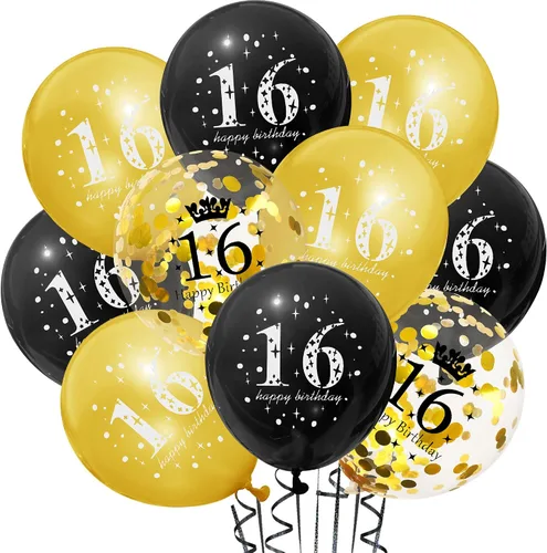 Miniatura 5 de Decoraciones de fiesta de cumpleaños número 16 para hombres y mujeres, negro y dorado, cartel de feliz cumpleaños negro y dorado, globos de feliz