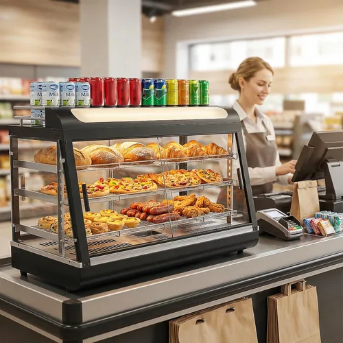 Miniatura 3 de vitrina de calentador de alimentos de 27 pulgadas, calentadores de alimentos comerciales de 3 niveles con estante superior para leche/botellas