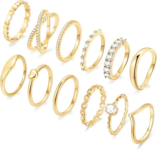 Miniatura 6 de FAXHION 12 piezas de anillos delicados de oro de 14 quilates para mujer, diseños cruzados de diamante simulado con giro grueso abierto de eternidad