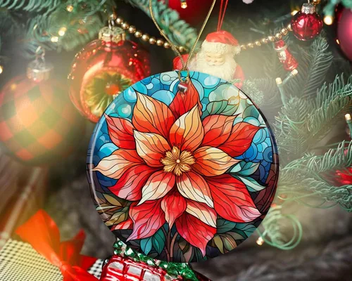 Miniatura 2 de Flores de Pascua de Navidad con vitrales, adorno de cerámica, adorno de cerámica, adorno de flores de pascua, adorno de flores de pascua, adorno