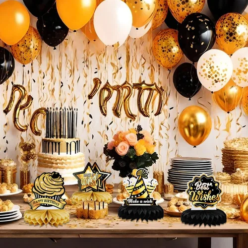 Miniatura 5 de 9 piezas de decoración de mesa de fiesta de cumpleaños, centros de mesa de panal de abeja de oro negro para mesa, decoración de mesa de cumpleaños
