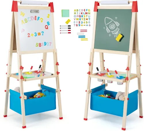 HONEY JOY Caballete para niños, caballete de madera ajustable de doble cara con pizarra magnética y pizarra blanca, rollo de papel, más de 60