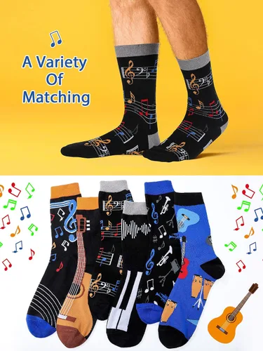 Miniatura 2 de 6 pares de calcetines musicales, regalos para hombres, divertidos calcetines temáticos de música, calcetines novedosos con notas de piano rocker