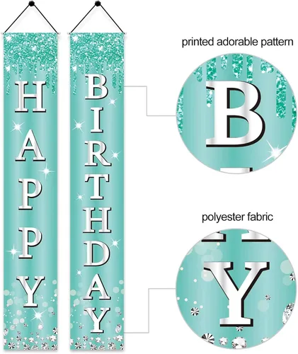 Miniatura 3 de Cartel de feliz cumpleaños de color verde azulado plateado para niñas y mujeres, letrero de porche azul desayuno, suministros de fiesta, 10, 13, 16