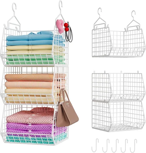 X-cosrack Organizador de armario plegable de 3 niveles, estantes de ropa con 5 ganchos en S, para montaje en pared y armario de alambre para Blanco