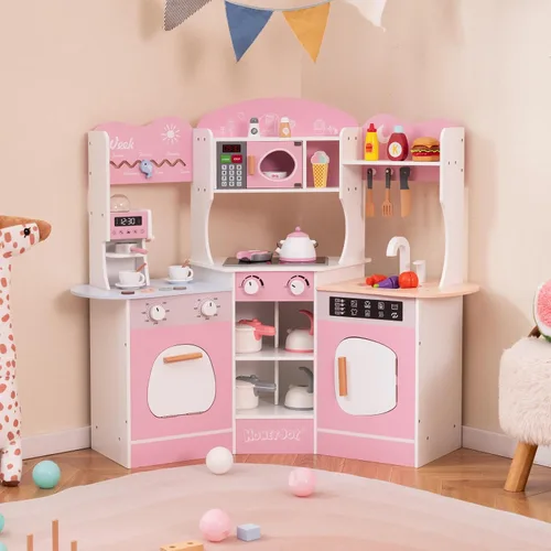 Miniatura 2 de HONEY JOY Cocina de Jugar de Rincón, Juego de Cocina de Madera para Niños Pequeños con Luces, Cafetera, Microondas, Fregadero, Grifo, Juego